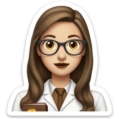 White girl with chocolate long hair in butterfly cut, wearing a scientist uniform and using glasses, with brown/red lipstick  sticker