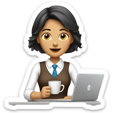 mujer morena con un café trabajando en una computadora  sticker