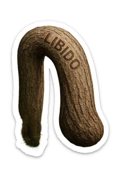 Realistic, vertical 4K illustration: a hyperrealistic tree trunk in a forest setting, noticeably bent, drooping, or wilted instead of standing upright. The bark is textured and detailed WITH THE WORD "LIBIDO" PRINTED ON IT, with subtle cracks and faded colors suggesting loss of vitality. Soft, natural light filters through the surrounding trees, casting gentle shadows. The scene is quiet and contemplative, with the trunk’s unusual, slumped posture symbolizing a decline in male libido. The background is lush and detailed, but the focus remains on the central, softened trunk, evoking a sense of vulnerability and introspection. sticker