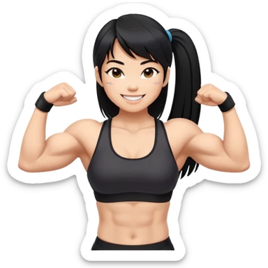 Asian women with muscle on thick strong 2 arms and abs. Black hair, long straight, bangs, light skin, flirty smiles, black sports bra sticker