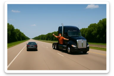 Zoom the scene out a lot farther, making the vehicles much smaller and showing a wide view of the road and landscape. Keep the black Kenworth W680 semi with chrome stack, angry bald driver in orange shirt and baseball cap, arm out the window, following a car. Scene should remain bright and vibrant. sticker