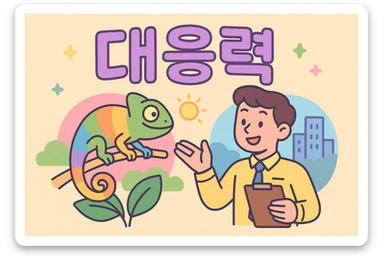 bright and cheerful pastel tone cartoon style with the word '대응력' and an image representing adaptability to change sticker