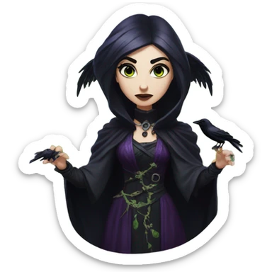 the morrigan goth woman version vines style furr robe stylish boots, perfect eyes, raven on hand, green vines decor on ground sticker