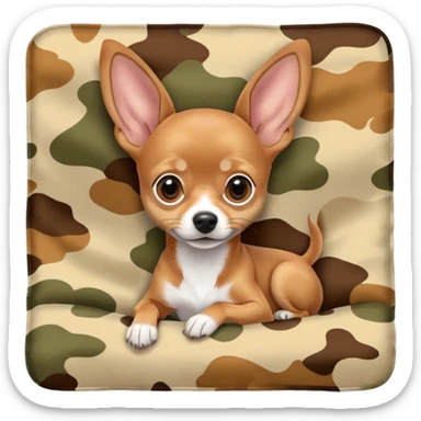 Miniature Pinscher Chihuahua mix lying on a camouflage blanket, big ears, playful look sticker