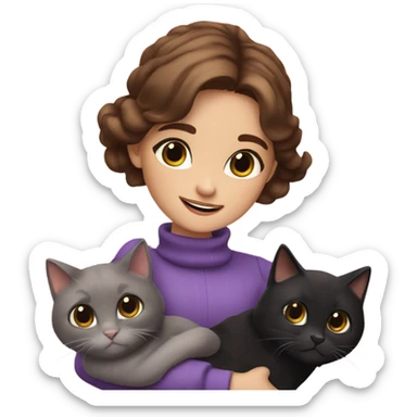 violetta girl brown hair with three black cats in her arms sticker