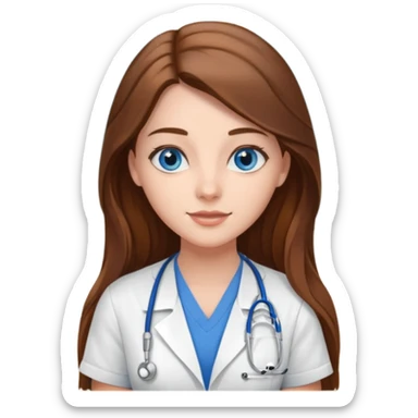 inside a classroom at university that says nursing school on the board with a pretty female nursing student with long brown hair, blue eyes sticker