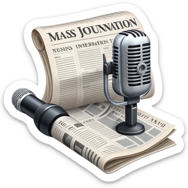 An icon featuring a microphone, a newspaper, and a camera, representing journalism and mass media. The design includes soundwaves and headlines, symbolizing the spread of information and news. Transparent background highlights the power of communication and media. sticker