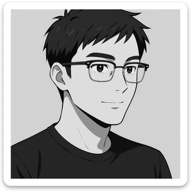 Create a half portrait in black and white anime style of an Asian male age 25, wearing Ray-Ban half frame glasses and a black t-shirt. Maintain the anime aesthetic with clear facial features and the specified accessories. sticker