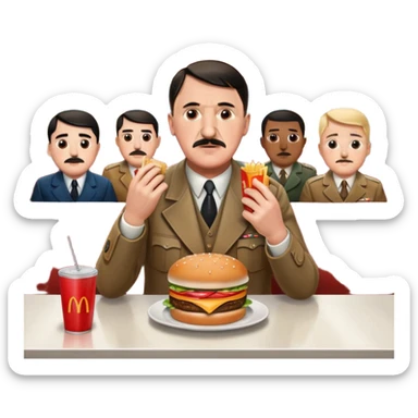adolf hitler holding a big mac while sitting in a diner while being surrounded by his enemies  sticker