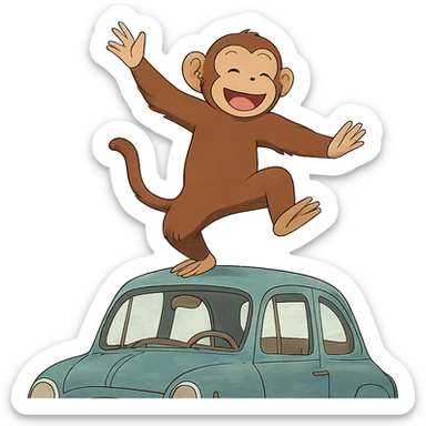 ghibli style monkey dancing on a car sticker