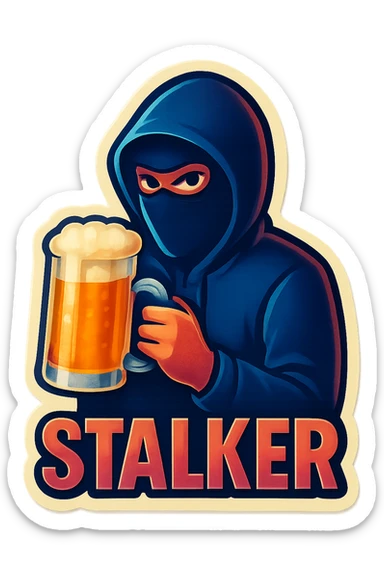 A sticker of a male stalker with a glass of beer sticker