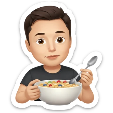 Elon Musk eating a bowl of cereal, man with short dark hair eating cereal from a bowl with a spoon sticker