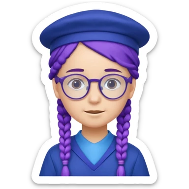 blue uniform wearing scout kid with purple braids and glassess with blue hat sticker