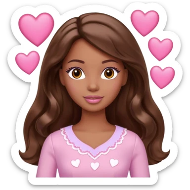 Barbie girl makeup , brown long straight wavy hair and brown eyes is In pale pink clothes There are pink hearts all around sticker