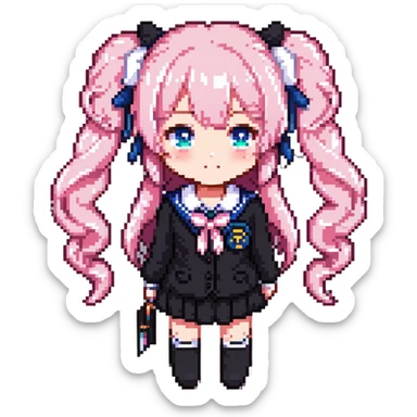 Pixel art anime girl with pink twin tails and school uniform, cute chibi style sticker