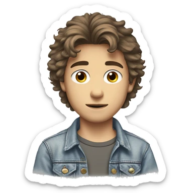 17-year-old boy in the 1980s, messy brown hair, grey eyes, lean build, wearing a faded denim jacket over a band t-shirt, with a slightly scruffy look and pensive expression.  sticker
