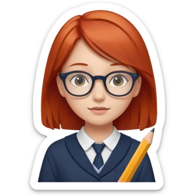 red hair girl kid with glasses → holding a pencil with school uniform sticker
