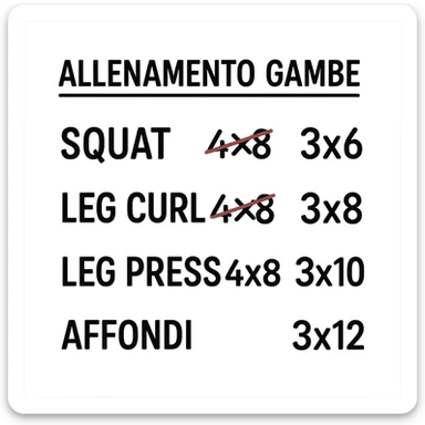 foglio di carta con scheda di allenamento gambe in italiano con volume di allenamento ridotto (fai alcuni esercizi con 4x8 scritti in precedenza sbarrati in rosso e la correzione accanto tipo 3x6), scrivila al meglio che puoi sticker