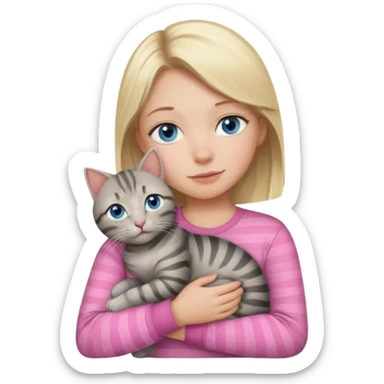 Blonde girl with blue eyes in pink shirt cuddling with grey tabby cat with dark grey stripes sticker