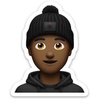 A 19 year old guy, in a beanie, wearing the apple vision pro, in a black outfit with dark red accents sticker