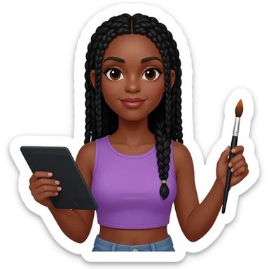 Emoji représentant une femme à la peau marron avec de longues braids noires et portant un beau débardeur violet, tenant une tablette graphique dans une main et un pinceau dans l’autre sticker