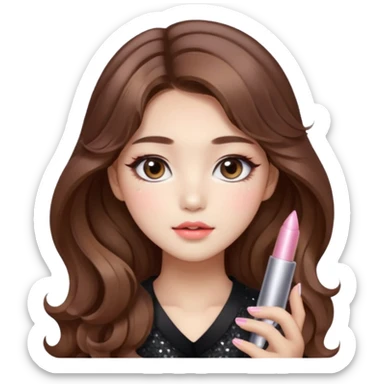 “korean brown hair Emoji girl, soft eyeliner and blush, gradient lips, light brown shimmer eyeshadow, sparkly aegyo-sal, long wavy hair,  sticker