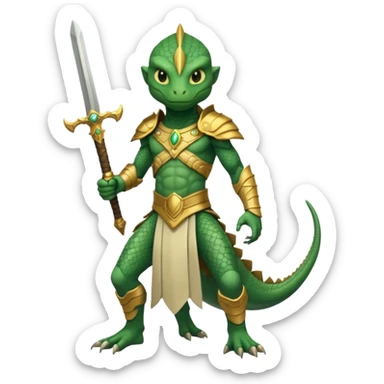 full body reptilian humanoid in ancient outfit holding a gold sword heroic pose sticker