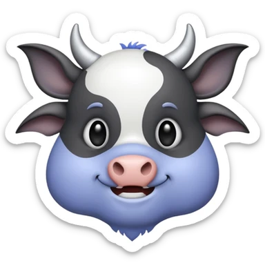 cow and bat hybrid emoji with dark grey, light grey, white, and periwinkle colors, bold shapes, high contrast, easily visible for Discord and Slack sticker