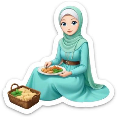 Turkish beautiful finish Konya girls blue eyes with lovely mint hijab long tail dress and the two friends sits on the chair on the ground and eating the food in the restaurant  sticker