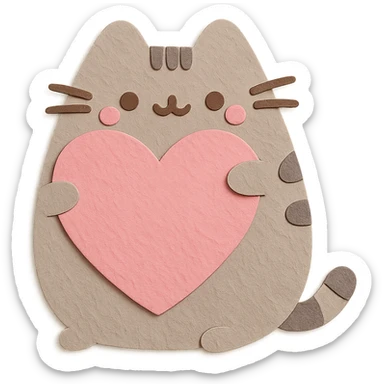 Pusheen hugging a big heart, pastel colors, adorable, paper craft style sticker