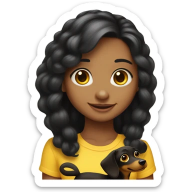 A big eyes, black hair, yellow skin love smile beautiful girl, hair in the middle part, age about 25， affectionately holding a black wiener dog sticker
