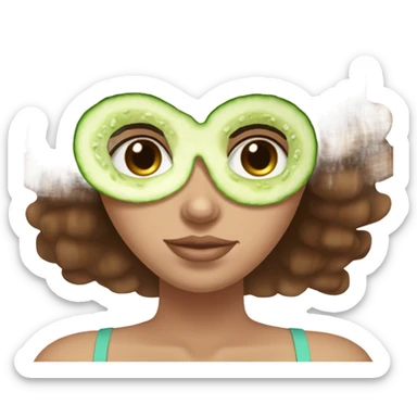 Girl with white skin brown hair freakles and blue eyes wears a green hydratating skin care mask plus on her eyes pickle cuts sticker