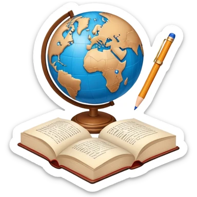 An icon featuring a globe with speech bubbles in different languages, symbolizing the study of foreign languages. The design includes a book and a pencil, representing learning and communication across cultures. Transparent background highlights the global nature of language education. sticker