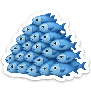 Create a large, loosely pyramid-shaped pile of blue fish in the style of iPhone Apple emojis, blending between 2D and 3D appearance, with a transparent background, variation 2. sticker