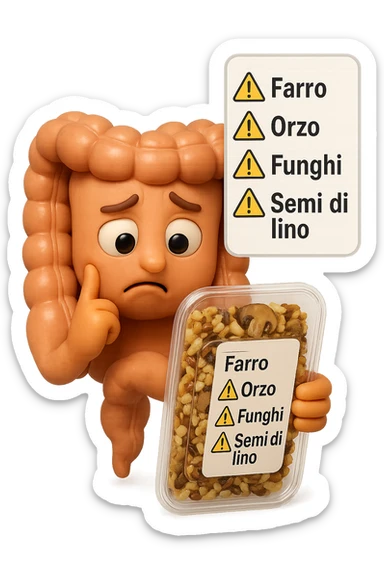 SU QUESTO STILE FAI UN EMOJI STILE IPHONE 3D DI UN INTESTINO CHE HA IN MANO UN insalata di farro mista CONFEZIONATa DA SUPERMERCATO E LEGGE L'ETICHETTA NUTRIZIONALE CON GLI INGREDIENTI IN ITALIANO, ACCANTO ALL'insalata CHE HA IN MANO C'è UN FOCUS SULL'ETICHETTA CON GLI INGREDIENTI SCRITTI, "Farro, orzo, funghi, semi di lino" accanto ad ogni nome scritto mettici un segnale di allarme, FAGLI UN ESPRESSIONE CONFUSA MENTRE LEGGE E FALLO MOLTO REALISTICO IN 3D sticker