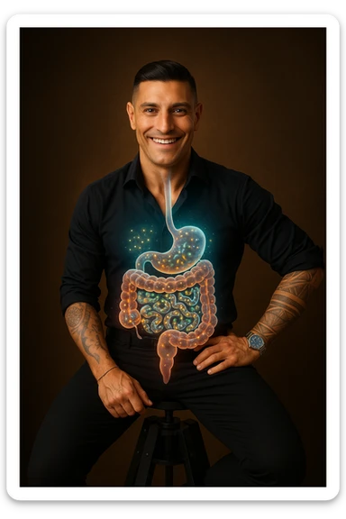Radiant man with transparent digestive system showing diverse, thriving gut bacteria colonies in perfect balance, beneficial microorganisms glowing like constellation patterns throughout intestines, expression of optimal health and vitality, digestive tract functioning as harmonious ecosystem, immune system strengthened by microbial diversity, energy levels at peak performance sticker