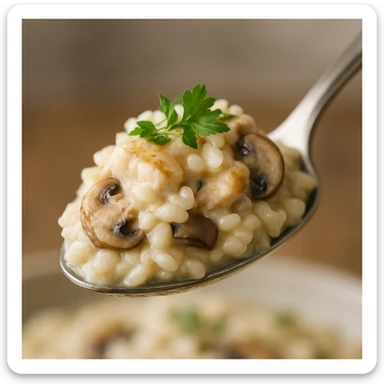 a spoonful of chicken mushroom risotto, creamy texture, with herbs on top sticker