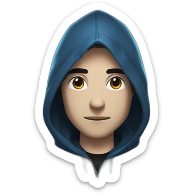 Boy brown developer left side behind his laptop with this style: Valorant Riot Game blue character blue black hooded hacker  sticker