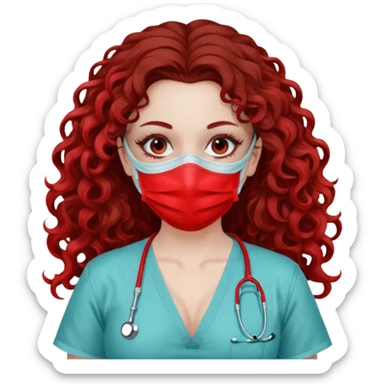 Lilith symbol seductress long curly hair evil surgeon.  brown hair. Red surgical mask.  covering. She works for cartel and kills  with a scalpel. Sexy surgeon outfit sticker