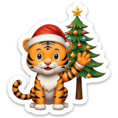Happy tiger waving by a Christmas tree wearing a Santa hat sticker