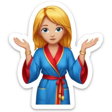 lightly tanned skin, blue eyes, cute and sexy girl with bright yellow-brown hair in a few shades of red robe, golden rings, slight cute makeup, full body, slightly turned aside pose, hands hidden behind back sticker