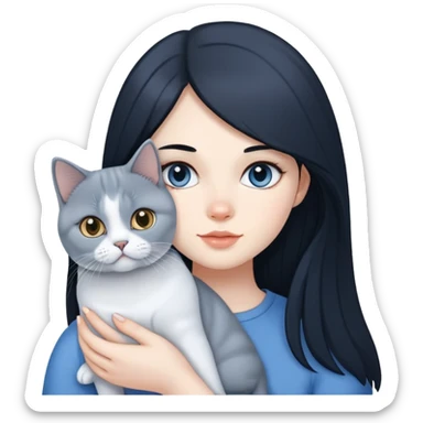 A girl with long black hair is holding a blue and white British shorthair sticker