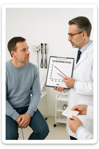 a man in his 40s sits in a doctor’s office, listening attentively as a physician explains TRT (Testosterone Replacement Therapy). The doctor holds a prescription pad and points to an educational chart showing testosterone levels. The mood is professional and informative, with a clean, clinical background. sticker
