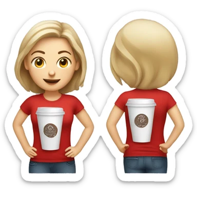 white barista girl in a red t-shirt with a cup of coffee sticker