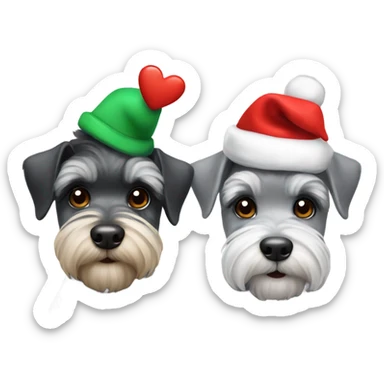2 miniature schnauzers, 1 grey and 1 black, wearing Christmas hats with a heart sticker