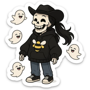 a joyful skeleton wearing a bee-themed black oversized hoodie, long flowing black hair in a ponytail under a simple black cowboy hat with a spider keychain, chuckling expression with joyful eyes, blue jeans, hands barely out of sleeves, black and white tennis shoes, surrounded by small laughing ghosts sticker
