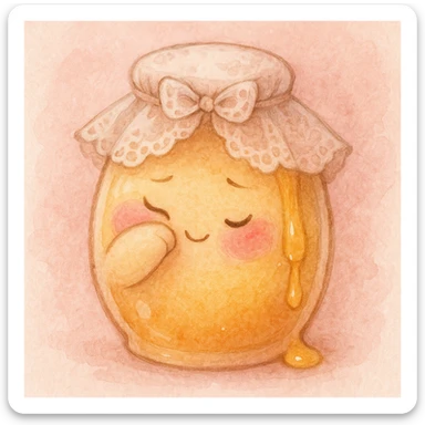 bashful honeypot with rosy cheeks, delicate lace veil, tiny smile, hiding behind its arm, honey softly dripping, blush pink color palette sticker