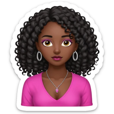 Dark skin girl with long black curly hair with 4 edges 2 on each side wearing a hot pink v-cut neckline shirt with a simple silver necklace sticker