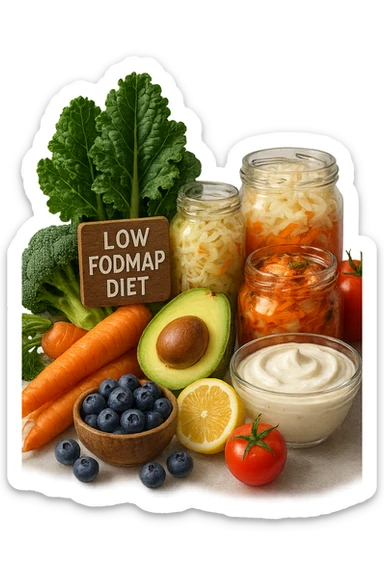 dieta low FODMAP + flora bilanciata, iperrealistica 4k sticker