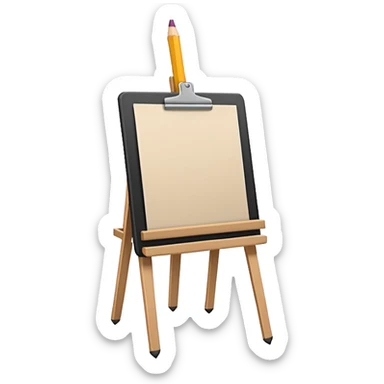 Minimalistic flat vector icon, iOS style, thin black contour on white background. Easel with a paper sheet and a pencil leaning against it. No text, no shadows sticker